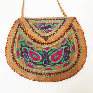 Vintage brown leather embroidered clutch/mini bag